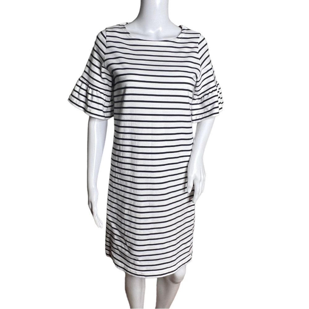 Joules Sienna Fluted Sleeve Dress Cream Navy Blue Striped Nautical Round Neck